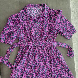 Belted Shirt Dress Black Pink Purple Flowers Shein sz L 8/10 Cute Elbow Sleeves